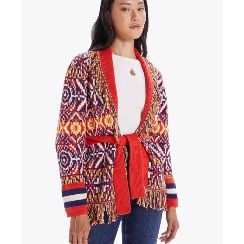 Mother The Belted Short Cardigan Bass Culture Red Geometric Fringe Sweater M NEW